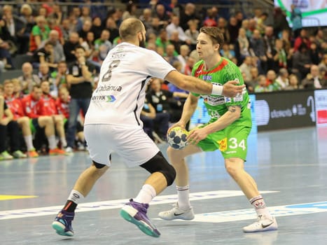 Michael Damgaard (SC Magdeburg) with ball in the EHF Cup match SC Magdeburg-Tatabanya KC on 19.2.17 in Magdeburg