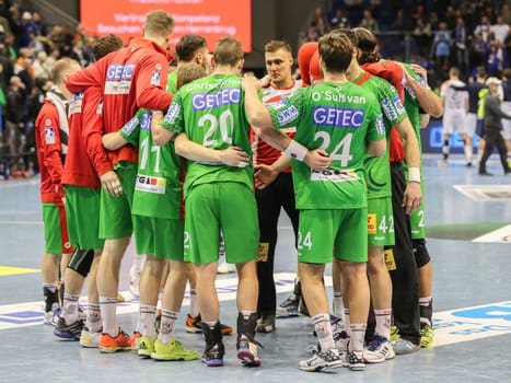 Victory celebration SC Magdeburg in the EHF Cup match SC Magdeburg-Tatabanya KC on 19.2.17 in Magdeburg