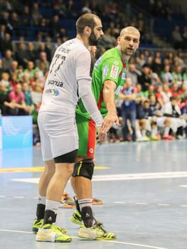 Vladimir Vranjes (Tatabanya -left) and Zeljko Musa (SC Magdeburg -re. in the EHF Cup match SC Magdeburg-Tatabanya KC on 19.2.17 in Magdeburg