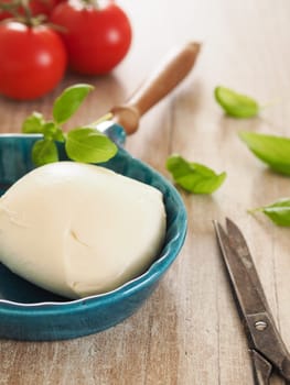 Fresh organic mozzarella with basil and tomatoes in a kitchen, selective focus