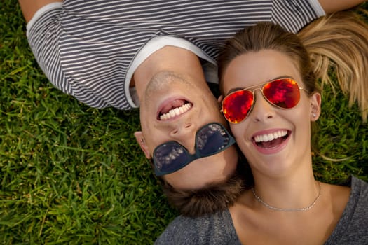 Top view of a happy young couple in the park together
