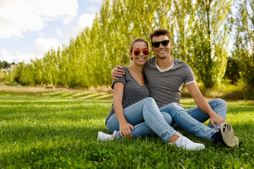 Top view of a happy young couple in the park together