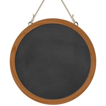 blank black board with wooden frame hanging on ropes