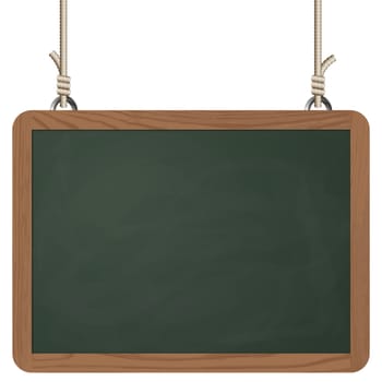 blank black board with wooden frame hanging on ropes