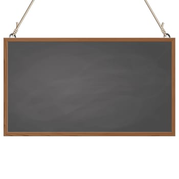 blank black board with wooden frame hanging on ropes