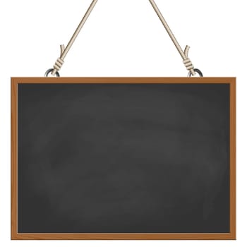 blank black board with wooden frame hanging on ropes