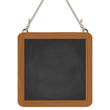 blank black board with wooden frame hanging on ropes