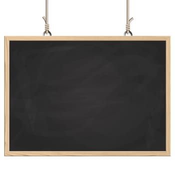 blank black board with wooden frame hanging on ropes