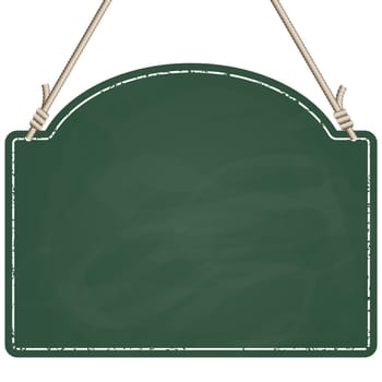blank information board colored green hanging on ropes