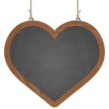 blank heart black board with wooden frame hanging on ropes