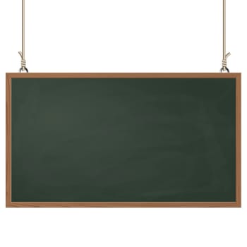 blank black board with wooden frame hanging on ropes