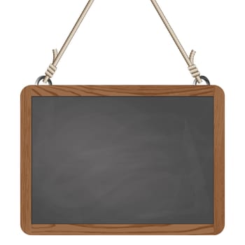 blank black board with wooden frame hanging on ropes
