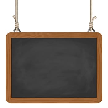 blank black board with wooden frame hanging on ropes