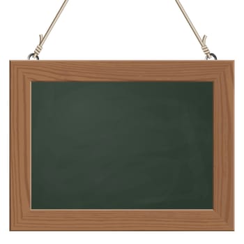blank black board with wooden frame hanging on ropes