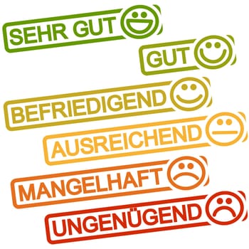 six grunge stamps with frame colored from green to red,smilies and ratings