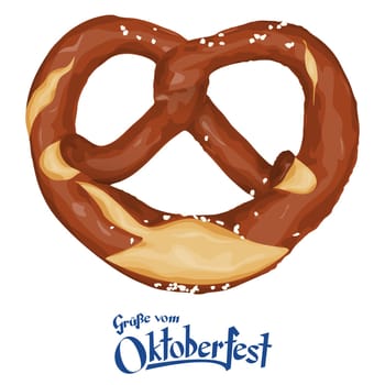 vector illustration of an brown bavarian pretzel isolated on white background and text greetings from Oktoberfest (in german).