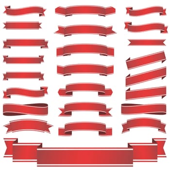 big collection of red colored empty banners isolated on white background