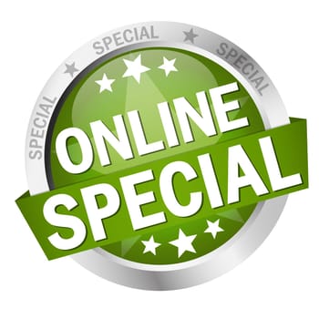 colored button with banner and text Online Special