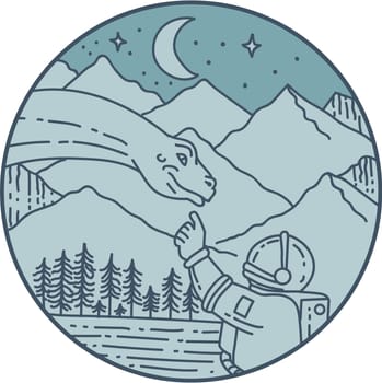 Mono line style illustration of an astronaut touching brontosaurus dinosaur head set inside circle with mountain, moon, stars and trees in the background.