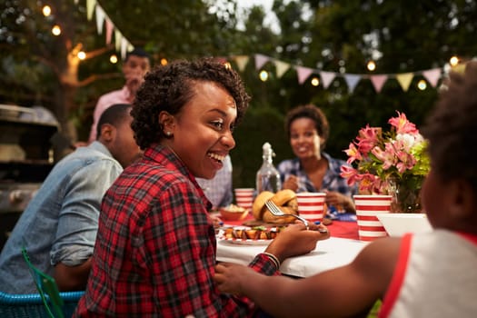 Black mother and son at family 4th July barbecue, close up