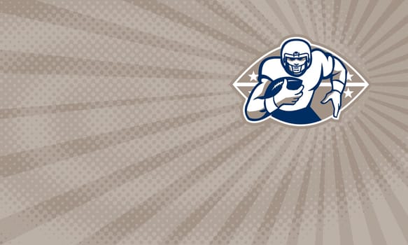 Business card showing Illustration of an american football gridiron running back player running with ball facing front done in retro style....