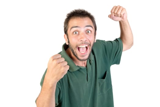 Happy young man making funny faces isolated in white