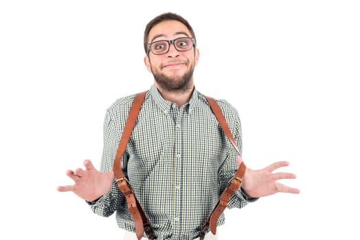 Happy nerd posing isolated in a white background