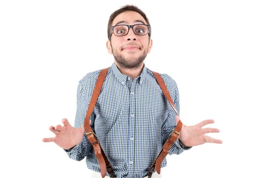 Happy nerd posing isolated in a white background