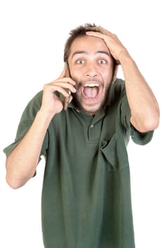 young man with cellphone doing funny faces isolated in white