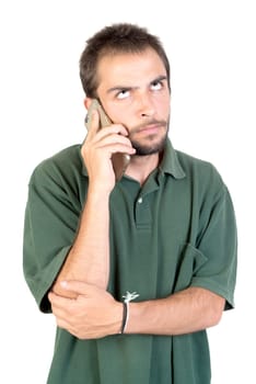 Angry young man with cellphone doing funny faces isolated in white