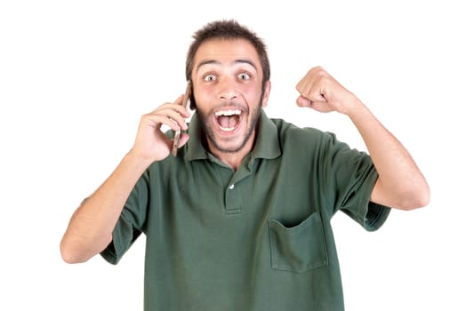 young man with cellphone doing funny faces isolated in white