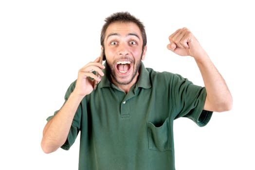 young man with cellphone doing funny faces isolated in white