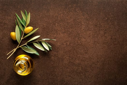 Olive oil and olive branch on brown table