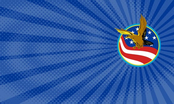 Business card showing Illustration of a bald eagle flying with american USA stars stripes flag set inside circle done in retro style.....