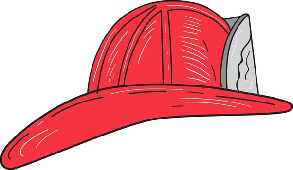 Drawing sketch style of a vintage fireman fire fighter helmet viewed from the side set on isolated white background. .