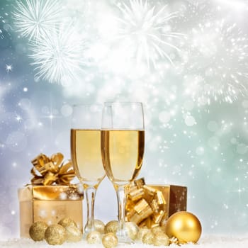 Glasses with champagne and gift box against fireworks and holiday lights