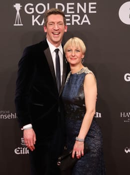 Steffen Hallaschka with his wife Ann-Katrin ,. Presentation of the GOLDEN CAMERA 2017 at Messe Hamburg