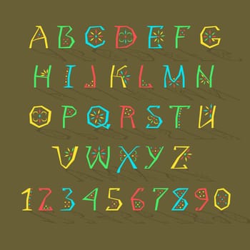 Colorful Alphabet. Artistic font. Bright letters and numbers with geometric decor.  Illustration