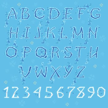 Winter Alphabet. Blue letters and white numbers with floral geometric decor.  Illustration