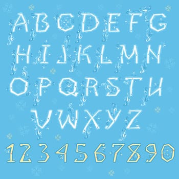 Winter Alphabet. White letters and yellow numbers with blue floral geometric decor.  Illustration