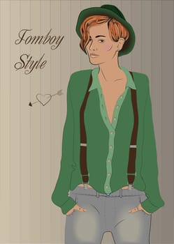 Cute hipster dyke. Girl Tomboy. Vintage fashion. Green shirt. Green hat. Gray jeans. Illustration.