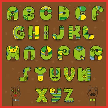 Smaragdine Alphabet. Funny green yellow letters. African Ethnic style. Cartoon hands looking at each other. Illustration.