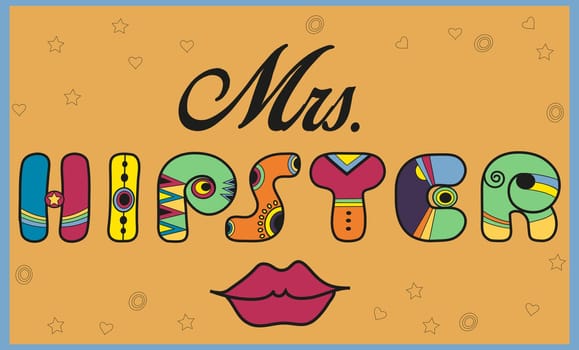Inscription Mrs. Hipster. Funny letters. Red lips. Unusual artistic font. Illustration.