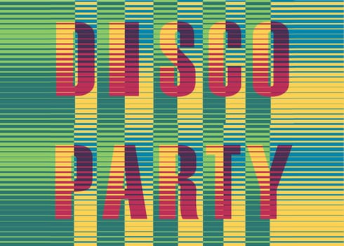 Disco Party Inscription. Vintage invitation. Striped colorful Letters. Illustration