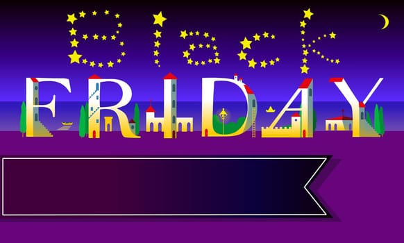 Black Friday Inscription. Cute houses Font. Night beach. Stars in the sky. Banner for custom text. Illustration.