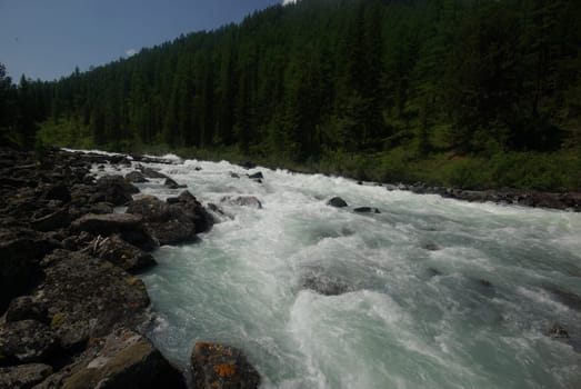 The mountain river in the mountains. Current through the gorge the river. Stones and rocky land near the river. Beautiful mountain landscape.