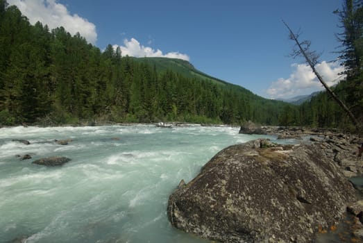 The mountain river in the mountains. Current through the gorge the river. Stones and rocky land near the river. Beautiful mountain landscape.