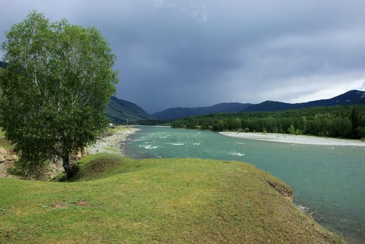 The mountain river in the mountains. Current through the gorge the river. Stones and rocky land near the river. Beautiful mountain landscape.
