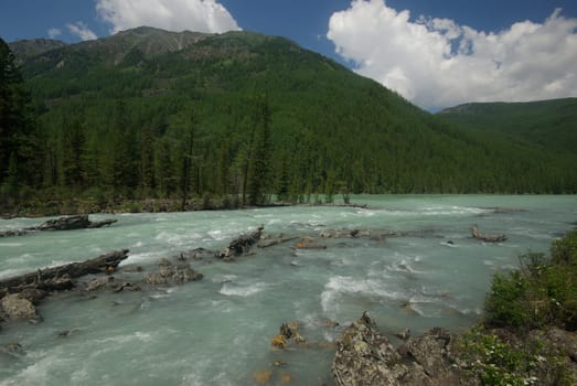 The mountain river in the mountains. Current through the gorge the river. Stones and rocky land near the river. Beautiful mountain landscape.