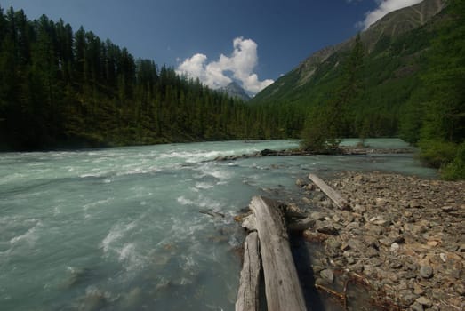 The mountain river in the mountains. Current through the gorge the river. Stones and rocky land near the river. Beautiful mountain landscape.
